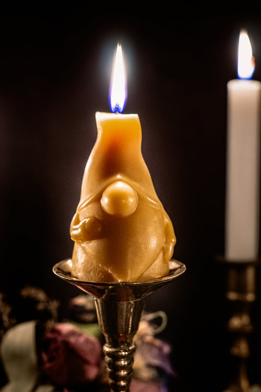 handmade gnome beeswax candle with cotton wick